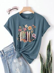INAWLY 大码女式短袖 T 恤，带有书籍和花卉印花设计和圆领图案 T 恤女式上衣 - 霧霾藍 - 查看 1