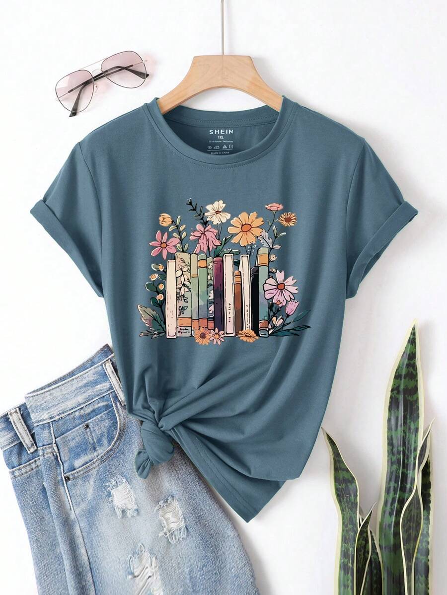 INAWLY 大码女式短袖 T 恤，带有书籍和花卉印花设计和圆领图案 T 恤女式上衣 - 霧霾藍 - 查看 1