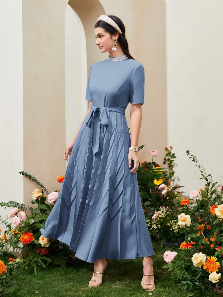 Women's Beaded Decoration Stand Collar Dress