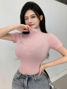 DAZY Của phụ nữ Pha lê Nghệ Embellished Đứng cổ áo Ngắn tay Áo thun - Hồng - Xem 6