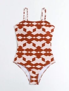 青少女幾何圖案連身泳裝 - 彩色 - 查看 3