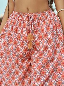 Soleia Pantalones Anchos Y Holgados Para Mujer Impresos Florales En Estilo Bohemio Casual Con Borlas Y Cordón, Perfectos Para Vacacionar - Multicolor - Ver 6