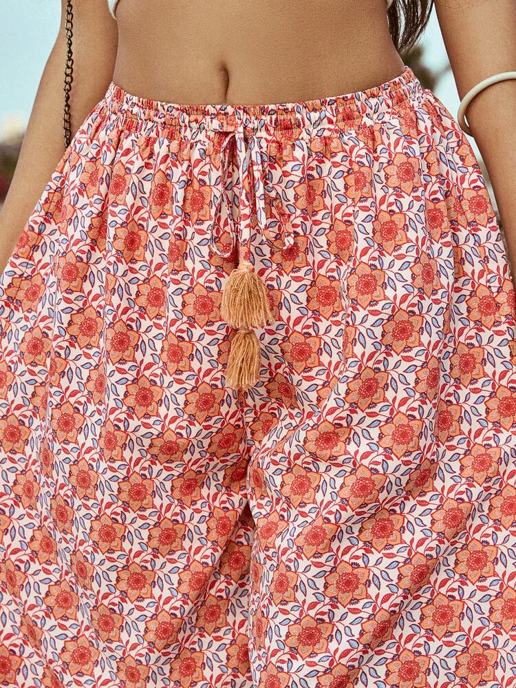Women's Casual Bohemian Style Floral Print Loose Wide Leg Pants With Tassels And Drawstring, Perfect For Vacation