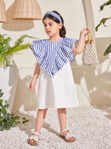年轻女孩宽松休闲条纹中长连衣裙，带荷叶边饰边，适合日常穿着 - 彩色 - 查看 5
