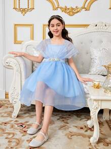 SHEIN Tween Girls' Gorgeous Fabric Patchwork 3d Flower Dress - Blue - View 5