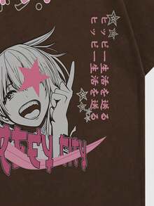 ROMWE MEN Camiseta de manga corta con estampado de anime para hombres, ideal para el verano - Café integral - Ver 5