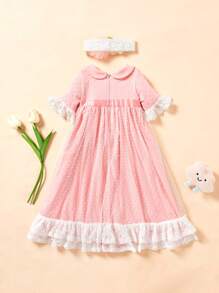 SHEIN Vestido Elegante para Bebê Recém-Nascida com Gola Peter Pan, Manga Longa e Cintura Marcada, com Faixa de Cabeça, 2 Peças/Conjunto - Rosa chiclete - Visão 2
