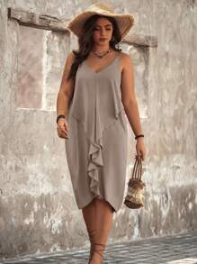 SHEIN Clasi Plus Size Women's Sleeveless Ruffled Hem Sundress - Khaki - View 6