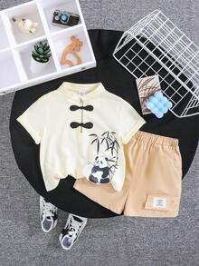 SHEIN Em bé Con trai Mô hình gấu trúc Đứng cổ áo Áo len Và Giải trí Quần short Phong cách Trung Quốc - Màu be - Xem 8