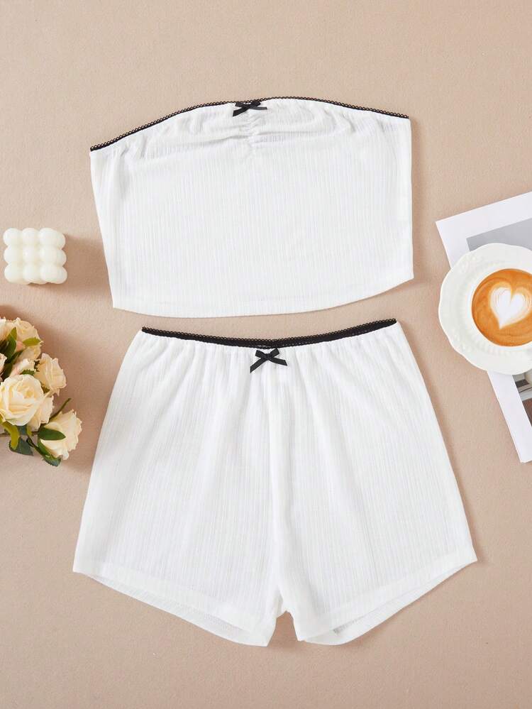 Teen Girl White Textured Fabric Colorblock Bra And Panties Set With Contrast Trimming
