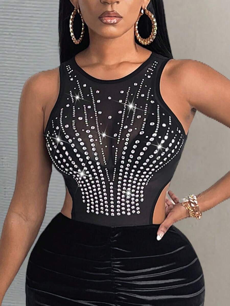 Slaydiva Vestido con diseño de diamante de imitación fruncido bajo asimétrico de terciopelo - Negro - Ver 1