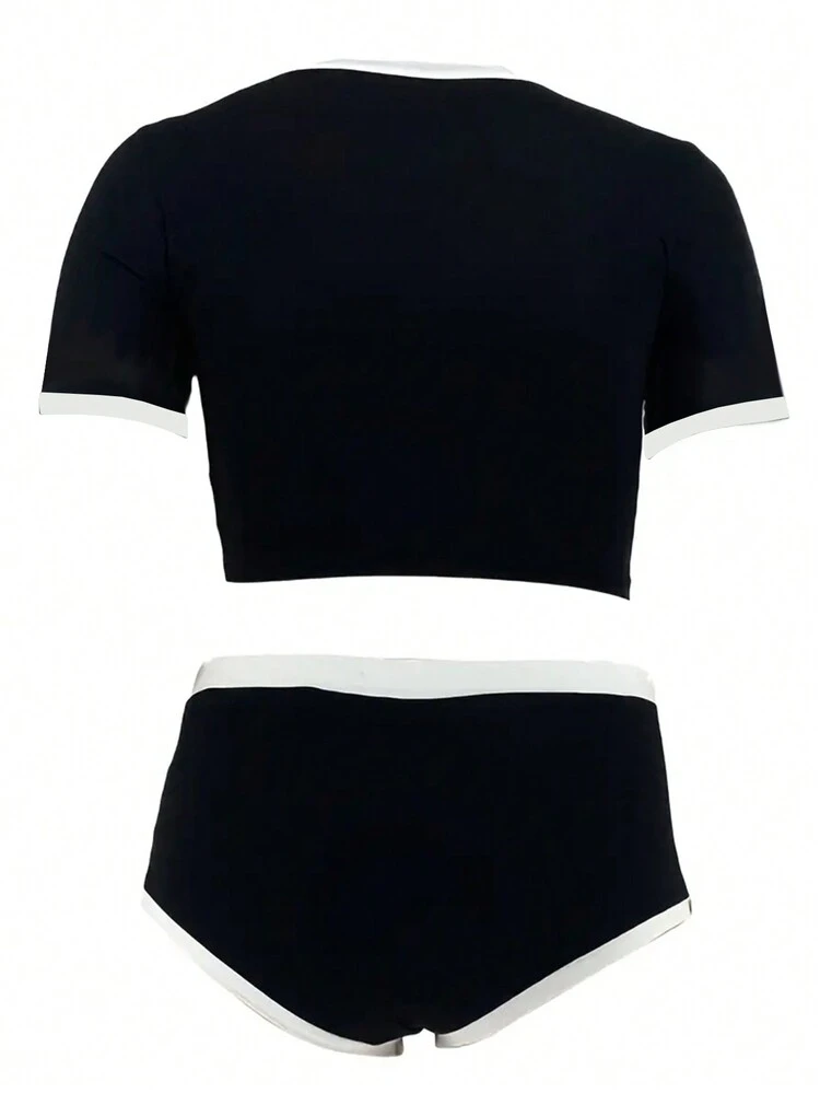 Plus Size Color-Blocked Letter Print Cropped T-Shirt And Shorts Set With Round Neck