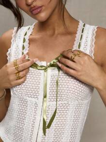 MUSERA White Ribbon Detail Crop Top Cottage Core Vacation Spring Summer
