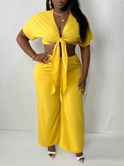 Slaydiva Conjunto De Blusa Con Manga De Murciélago Y Pantalones De Talla Grande Con Lazo Delantero Para Mujer, Ideal Para Vacaciones