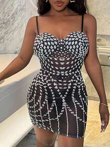 Slaydiva 女士性感仿水晶透明细肩带紧身迷你连衣裙 - 黑色 - 查看 3