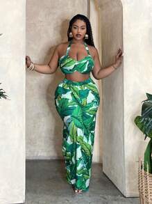 Slaydiva Plus Size Ladies' Loose Fit Beach Vacation Three-Piece Set With Tropical Plant Print, For Summer - Green - View 3
