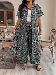 SHEIN Clasi 加大碼女士腰果印花短袖襯衫和褲子套裝 - 黑色 - 查看 4