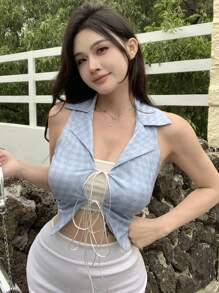 DAZY 女士时尚格子抽绳领口背心性感女士上衣 - 藍色 - 查看 1