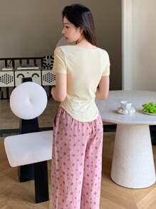 DAZY 女士时尚甜美舒适家居服套装睡衣 - 黃色 - 查看 6