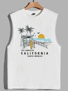 Manfinity Chillmode White Men's Tank Top With Printed Design, Sleeveless Graphic Plain Tank Top For Vacation - White - View 3