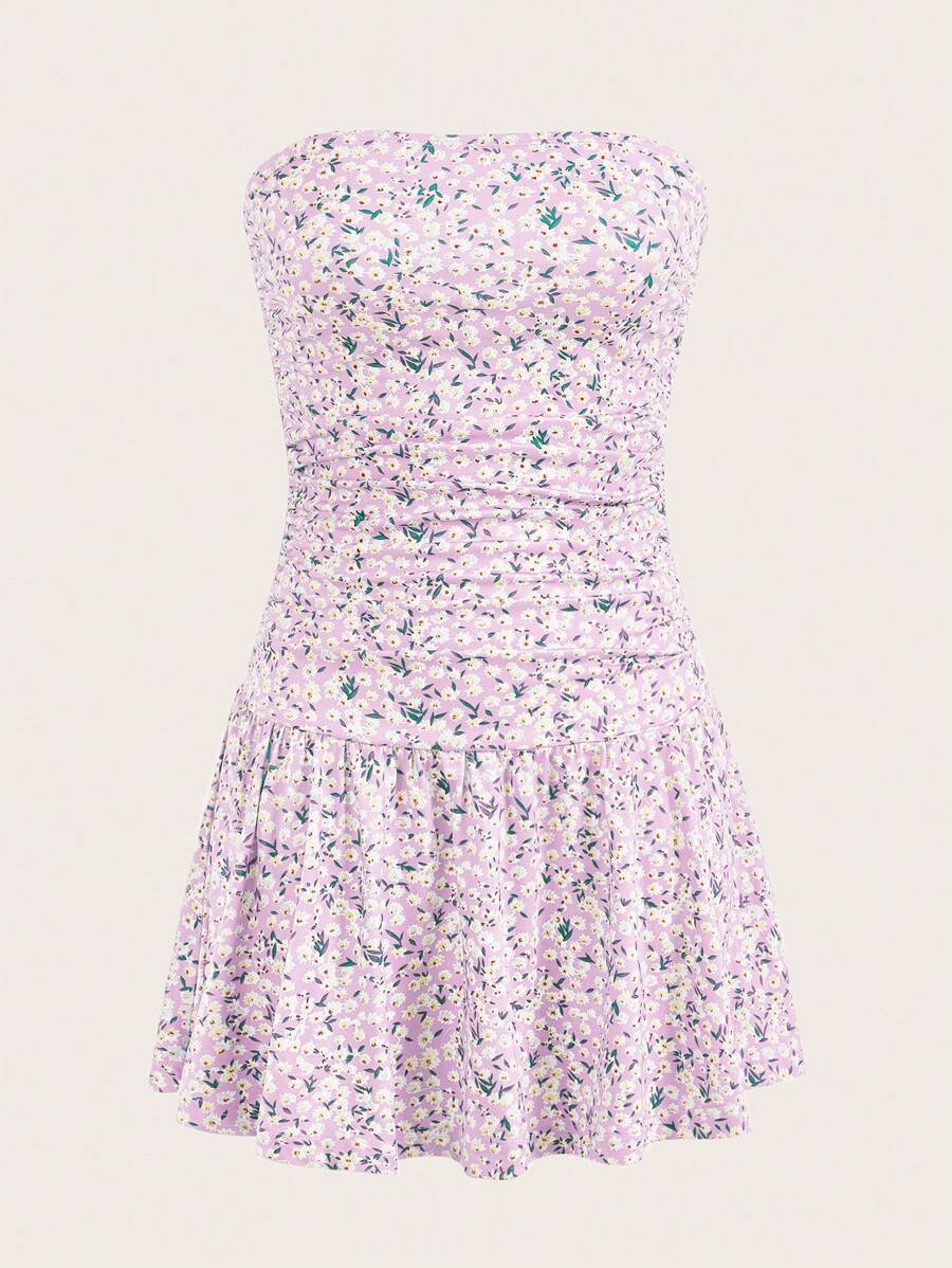 SHEIN EZwear 花卉印花百摺無肩帶裙 - 紫丁香色 - 查看 1