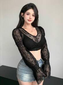 DAZY 女士短款露脐上衣，网纱蝴蝶结装饰，喇叭袖，荷叶边薄纱长袖女式上衣，外出上衣 - 黑色 - 查看 1