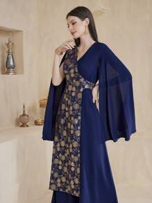 Al Najma Ladies' Arabic Style Dress With Split Sleeves And Golden Printed Design