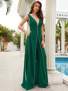 Deep V-Neck Sleeveless Split Leg Formal Pants With Diamond Chain Decor, High-End Evening Skort - Dark Green - View 8