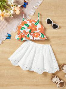 SHEIN Baby Girl Summer Holiday Floral Pattern Ruffle Trim Cami Top And Schiffy Skirt Set - Orange - View 1