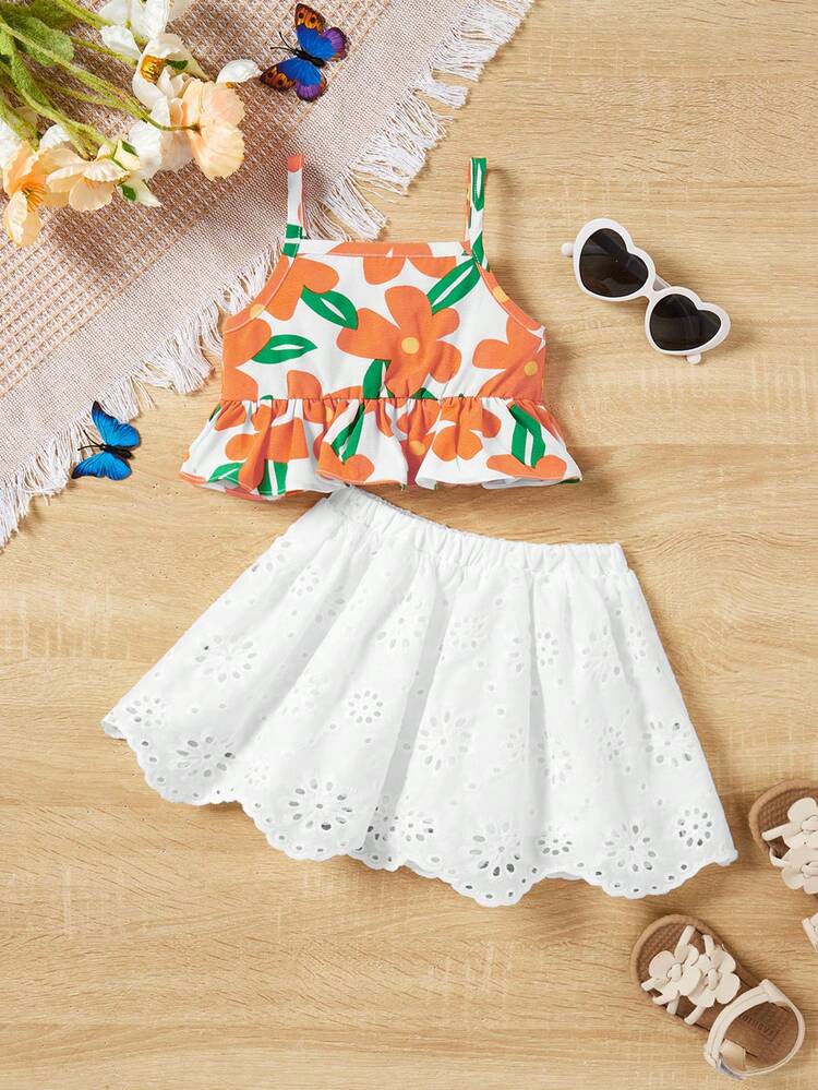 Baby Girl Summer Holiday Floral Pattern Ruffle Trim Cami Top And Schiffy Skirt Set