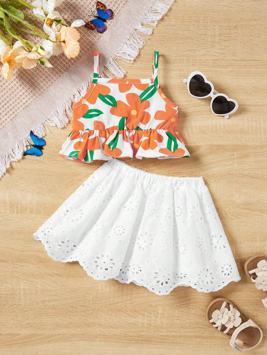 SHEIN Baby Girl Summer Holiday Floral Pattern Ruffle Trim Cami Top And Schiffy Skirt Set - Orange - View 1