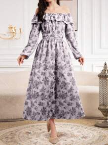 Modelyn Women's Printed Off Shoulder Dress Long Evening Dresses Fall Cloth For Women - Grey - View 3