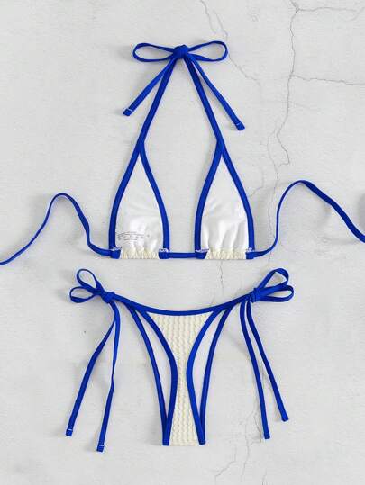 Swim SXY Ladies' Color Blocking Halter Strap Triangle Bikini Set, Summer Beach