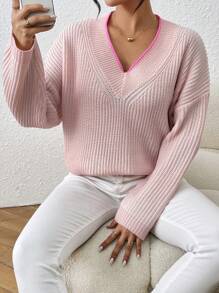 Chiquease Sweater Casual De Cuello En V De Mujer Con Hombros Caídos