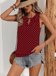 SHEIN LUNE Ladies' Polka Dot Camisole Top With Keyhole Neckline - Red - View 3