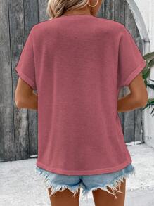 SHEIN LUNE 純色紋理蝙蝠袖半排扣t恤 - 粉色 - 查看 2