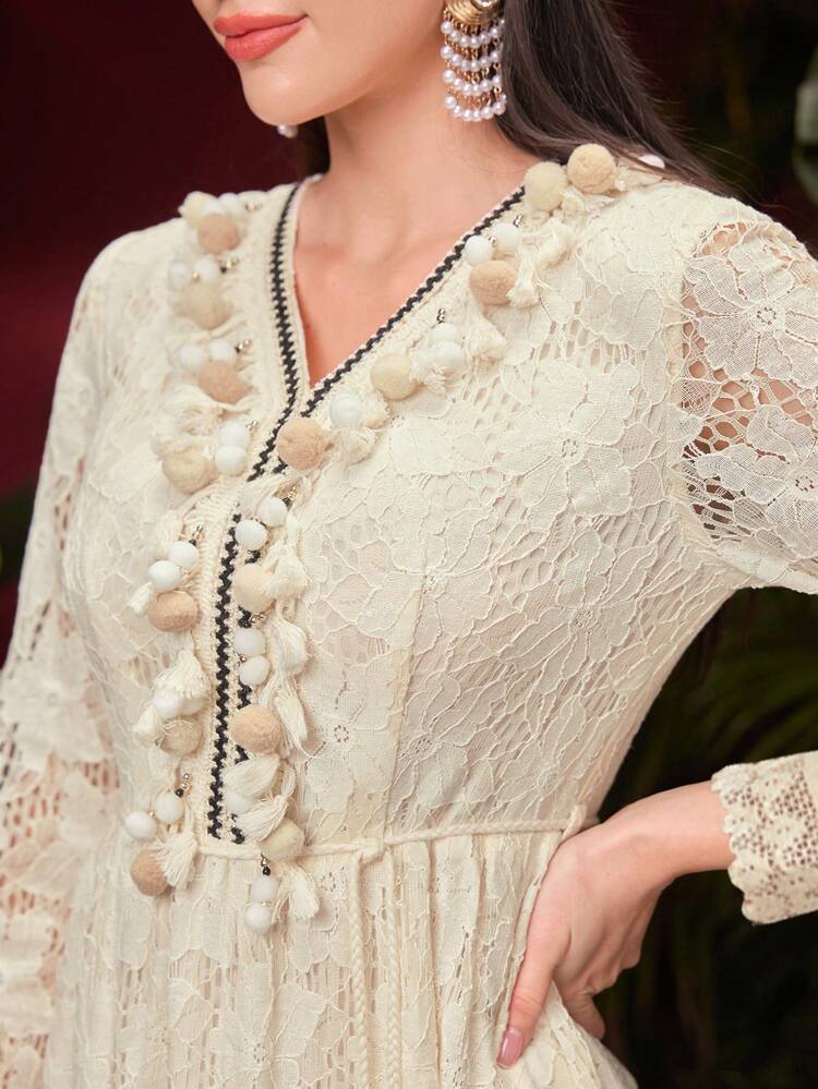 Women's V-Neck Lace Dress With Pompom Decoration Fall Cloth For Women
