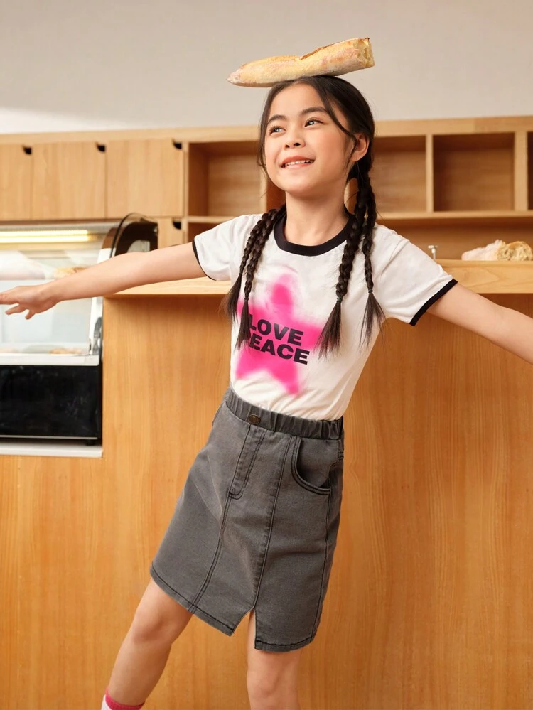 Tween Girl Letter And Star Print Ringer Tee & Split Hem Skirt Set