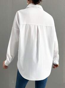 EURMUSE Oversized Embroidered Flower Pattern Casual Long Sleeve Shirt - White - View 3
