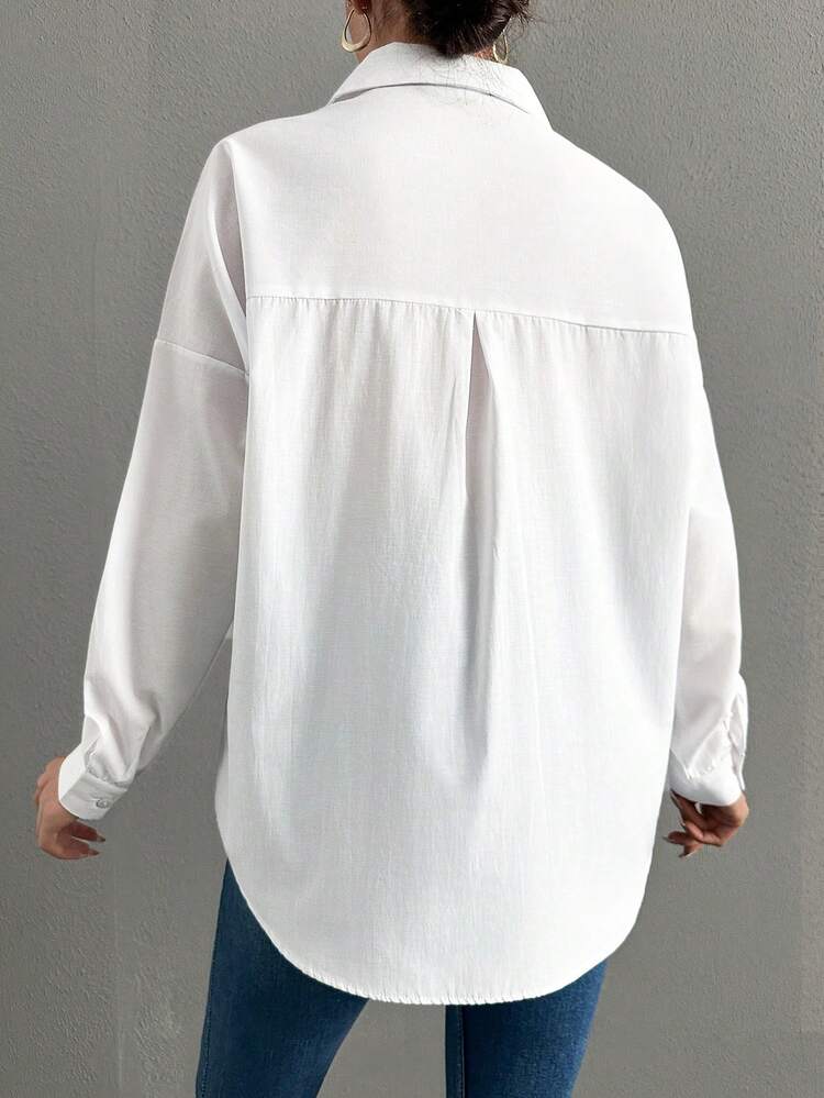 EURMUSE Oversized Embroidered Flower Pattern Casual Long Sleeve Shirt - White - View 3