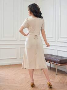 DAZY Round Neck Short Sleeve Pleated Dress Sundress - Apricot - View 2