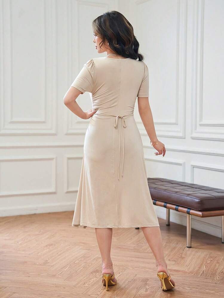 Round Neck Short Sleeve Pleated Dress Sundress Maxi Dress