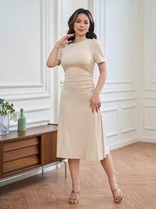 DAZY Round Neck Short Sleeve Pleated Dress Sundress - Apricot - View 5