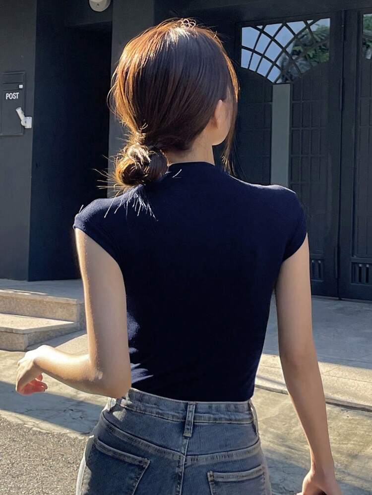 Solid Color Stand Collar Slim Fit T-Shirt