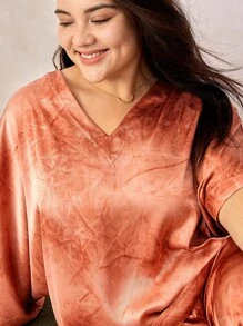 LUVLETTE Set de pijamale lungi pentru femei Vacation Plus din satin Tie-Dye cu mâneci liliac