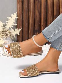 女士鑽石拼接拖鞋,夏季戶外穿著,大尺寸,開放式腳趾,扁平涼鞋,時尚百搭沙灘鞋 - 金色 - 查看 3
