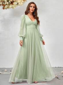 SHEIN Belle Women's V-Neck Lantern Sleeve Mesh Bridesmaid Dress