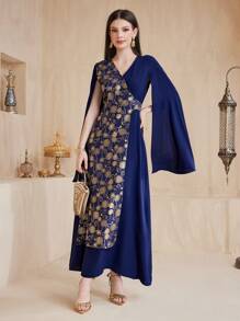 Al Najma Ladies' Arabic Style Dress With Split Sleeves And Golden Printed Design