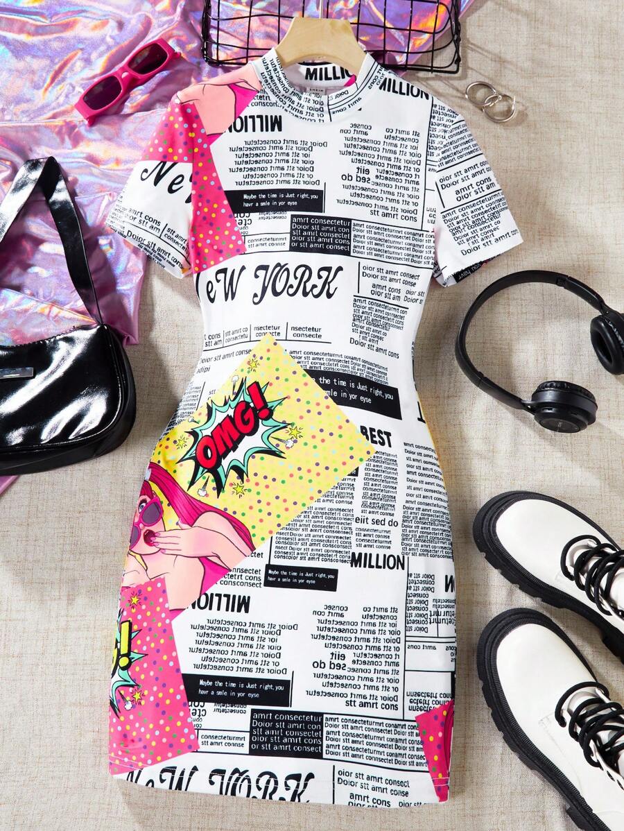 SHEIN Tween Girls' Cartoon Character & Newspaper Print Round Neck Dress - Black and White - View 1