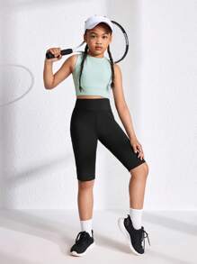 SHEIN Shorts Deportivos Simples Y Ajustados Para Niñas Preadolescentes - Negro - Ver 4